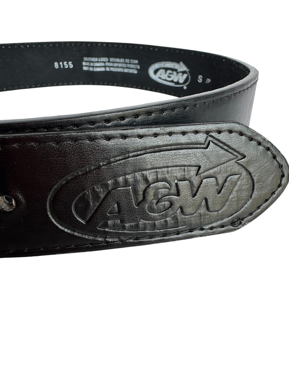 Vintage A&W Black Leather Belt Sz Small Embossed Logo Made in Canada RARE Unique